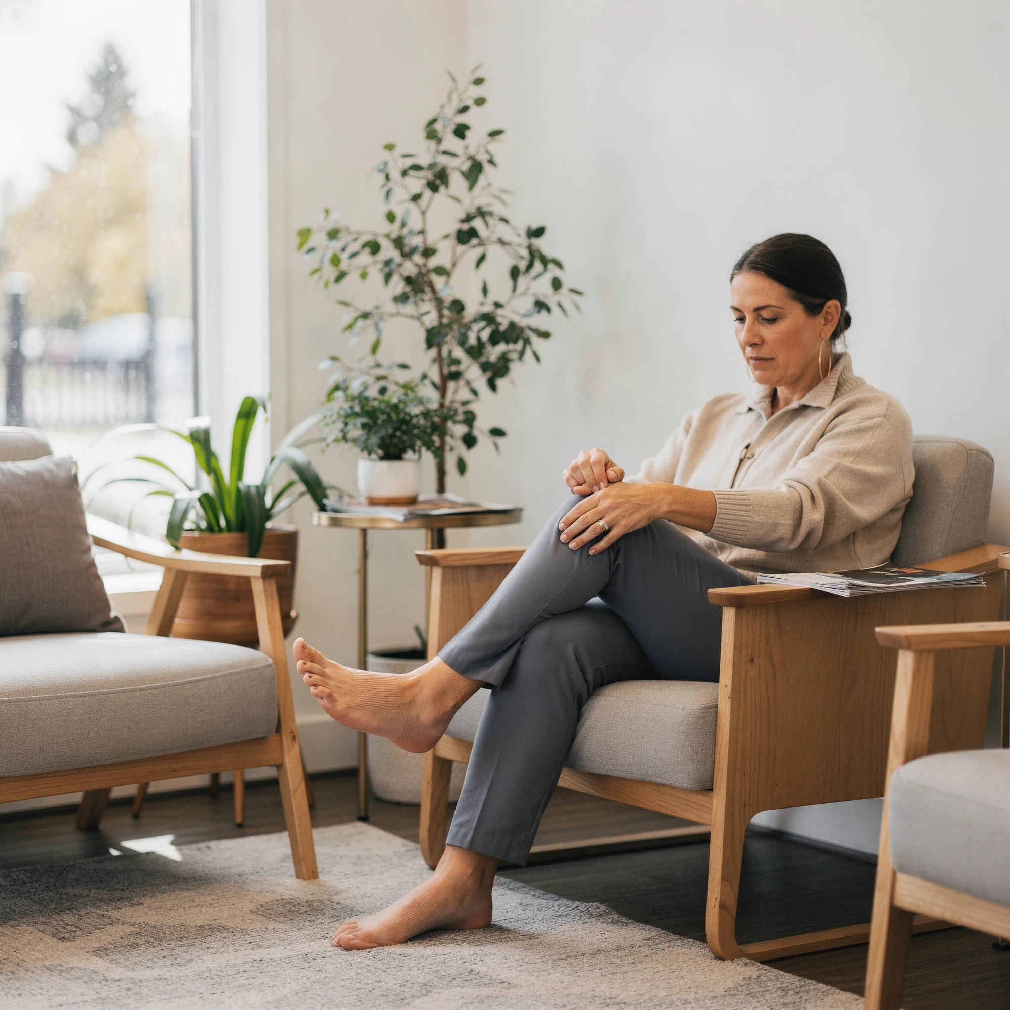 Woman seated in an armchair with bare feet on the floor – podiatry care in McMinnville, OR